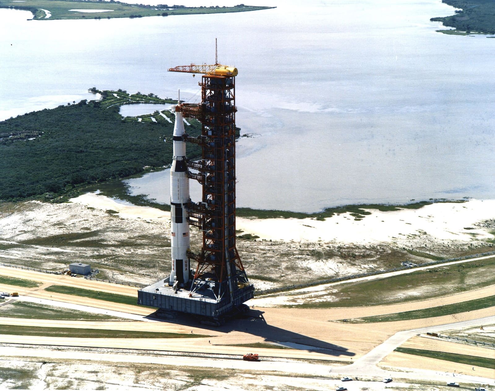 Apollo 11 Saturn V rolling out of the Vehicle Assembly Building on the crawler-transporter, May 1969.