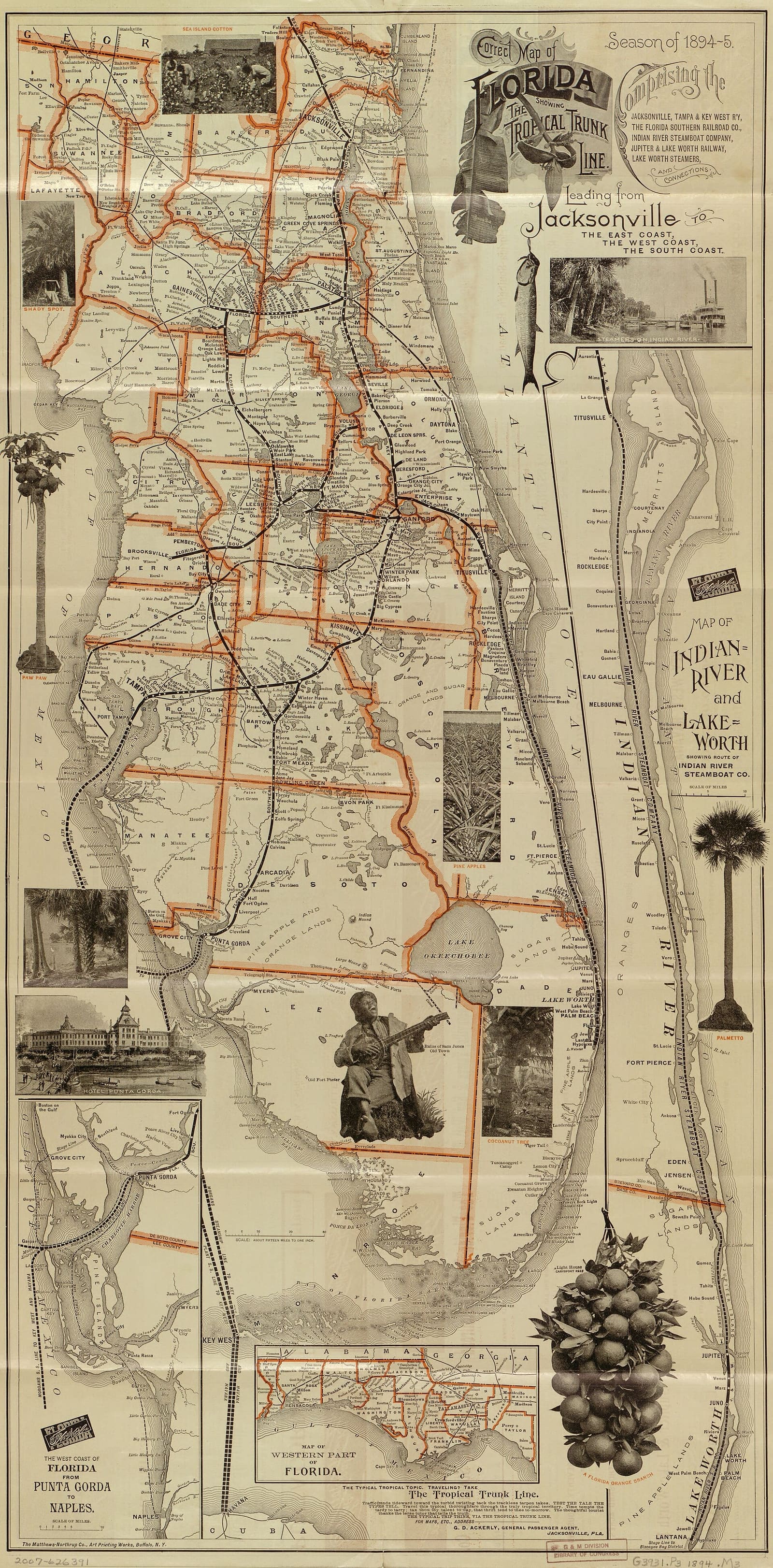 1894-95 season map of Florida showing the Tropical Trunk Line, Jacksonville Tampa and Key West Railway, Florida Southern Railroad, and Indian River Steamboat Company routes.